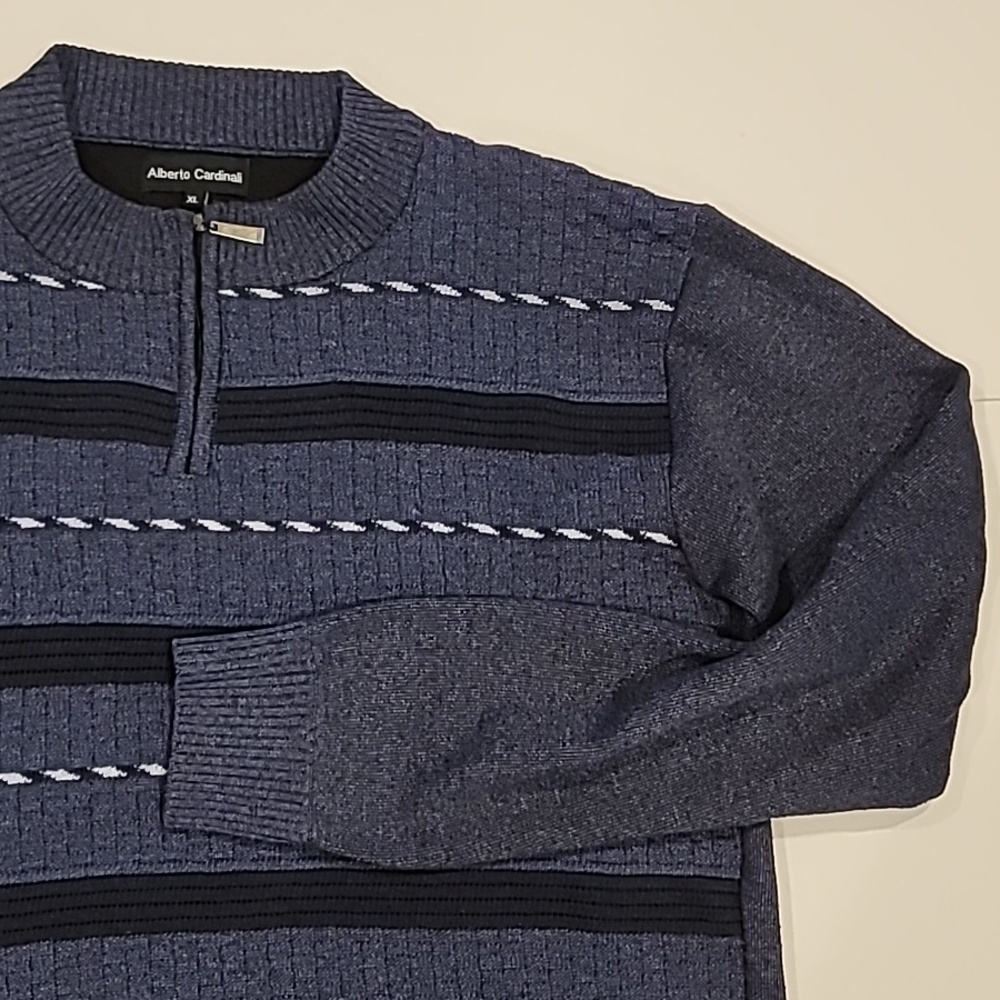 Alberto Cardinali Quarter-Zip Sweater Stripe Blue XL - Picture 3 of 9